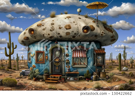Whimsical Mushroom House in the Desert, Fantasy Building with a touch of surrealism. Digital art 130422662