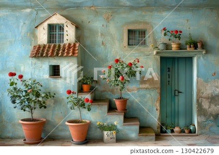 Charming Mediterranean Street Scene Featuring Vibrant Flowers and Quaint Architecture in Sunlight 130422679