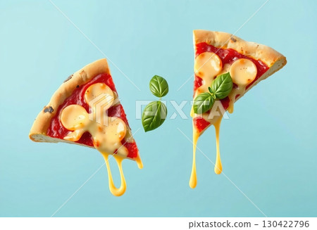 Delicious slice of pizza on a blue background with red sauce 130422796