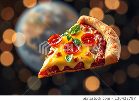 A slice of pizza with melted cheese and fresh herbs A slice of pizza with melted cheese and fresh herbs 130422797