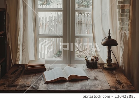 Neatly arranged school desk featuring stationery, open book, lamp, and sticky notes on beige wall 130422883