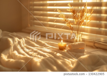 Charming bathroom aesthetics with plush towels, elegant soap dish, and dried floral arrangement 130422905