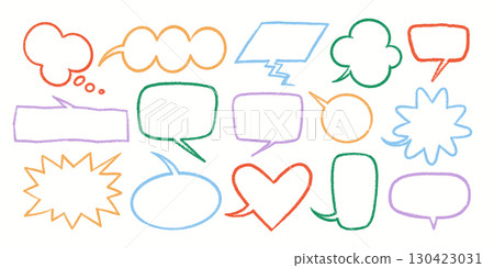 Speech bubble vector set in crayon style with colorful hand drawn frames, doodle shapes, comic balloons, cartoon text boxes. Speech and bubble vector design for comics, stickers, posters. 130423031