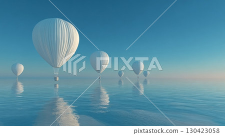 Hot air balloons floating over calm ocean reflecting sky in surreal landscape 130423058
