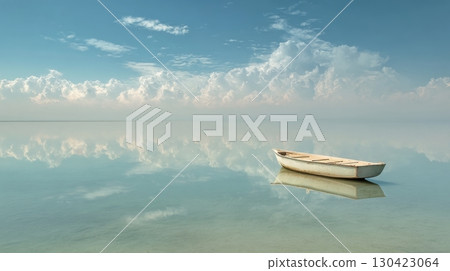 Boat floating on a calm sea with reflective sky and clouds in tranquil scene 130423064