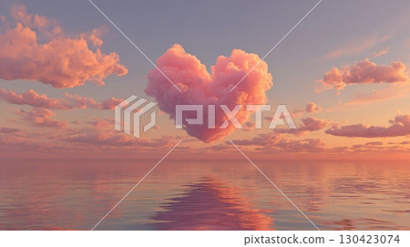 Heart-shaped pink cloud over tranquil ocean at sunset, surreal dreamscape 130423074