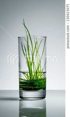 Water glass with fresh green grass immersed and reflected on a reflective surface 130423075