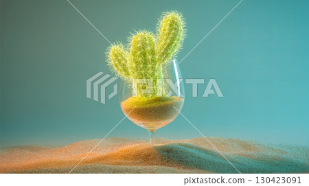 Cactus in a wine glass on sand background with soft lighting, creative concept Cactus in a wine glass on sand background with soft lighting, creative concept 130423091