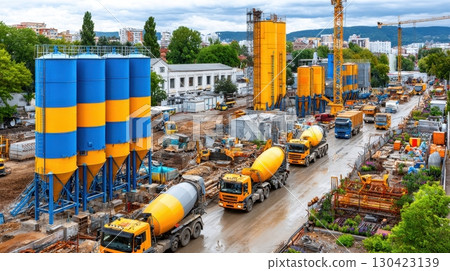 Busy construction site: concrete mixers, silos, cranes. Urban development and industrial progress are evident Busy construction site: concrete mixers, silos, cranes. Urban development and industrial progress are evident 130423139
