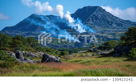 A view of Icelandic landscape with mountains, mossy lava fields, and steam rising due to geothermal activity, set against a blue sky with clouds, creating an ethereal nature scene 130423141