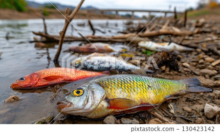 Several dead fish lie on the muddy bank near the water's edge, highlighting the impacts of drought and water pollution on the ecosystem and environment 130423142