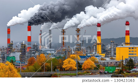 An industrial factory emits pollution, contributing to environmental concerns and highlighting issues related to industry and air quality 130423163