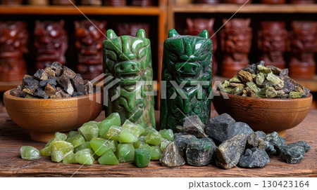 This display showcases the natural beauty of rough jade and jadeite carvings, highlighting the unique colors and textures of these precious gemstones. The display exudes geology 130423164
