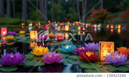 Floating on the water are vibrant artificial water lilies, interspersed with glowing lanterns, creating a magical and tranquil pond display 130423200