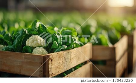 Fresh cauliflowers harvested in wooden crates, ready for market, showcasing vibrant green leaves Fresh cauliflowers harvested in wooden crates, ready for market, showcasing vibrant green leaves 130423220