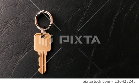 A gold key with a blank tag rests on a dark leather surface, suggesting concepts of access, opportunity, or new beginnings 130423243