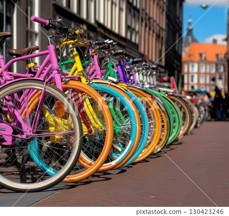 Brightly colored bicycles are parked in a row on a city street, showcasing a vibrant and cheerful urban scene Brightly colored bicycles are parked in a row on a city street, showcasing a vibrant and cheerful urban scene 130423246