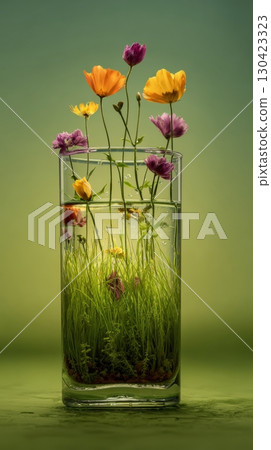 Colorful flowers and grass growing in a clear glass of water, green background 130423323