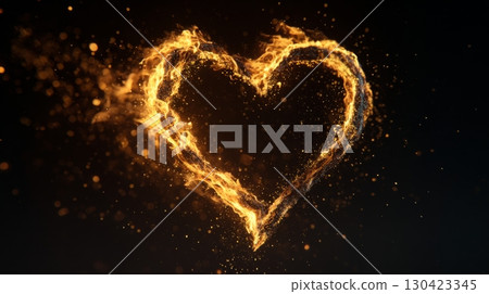 Heart made of vibrant orange fire sparks on a dark background, digital art Heart made of vibrant orange fire sparks on a dark background, digital art 130423345