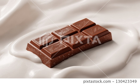 Close-up of chocolate bar on creamy white background, reflecting indulgence 130423349