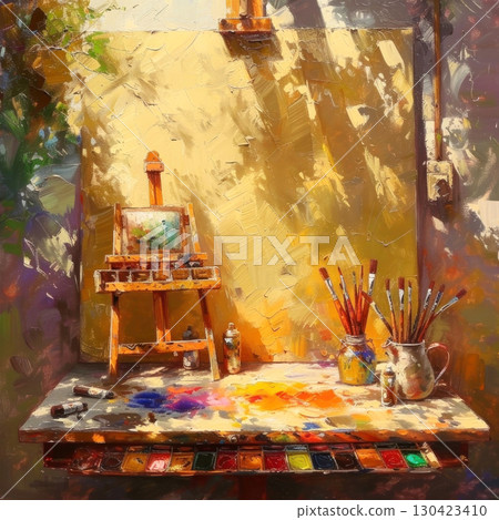 Experience the charm of a classic artist's workspace with vibrant brush strokes 130423410