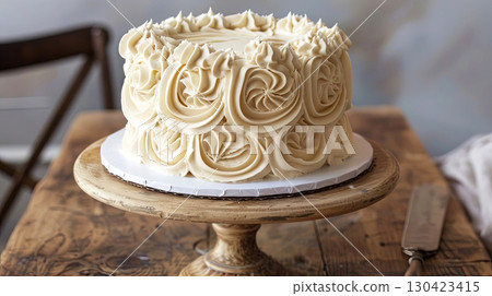 Decadent floral cake frosted with exquisite buttercream swirls set on a rustic wooden stand 130423415