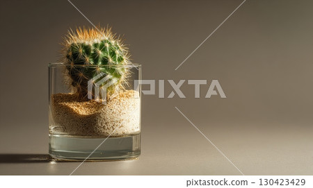 Green cactus in glass on beige background with golden light, minimalist decor 130423429