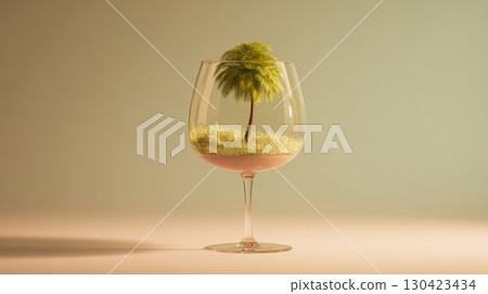 Wine glass with miniature palm tree in sandy landscape, surreal art concept 130423434