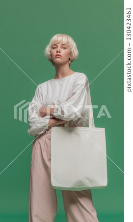 Blonde woman with short hair in white outfit holding a tote bag on green background 130423461