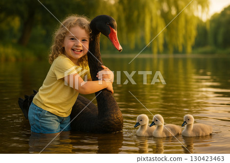 A Heartwarming Image of a Girl's Tender Hug with a Black Swan on the Water, Symbolizing a Deep Connection Between Humans and Nature. 130423463