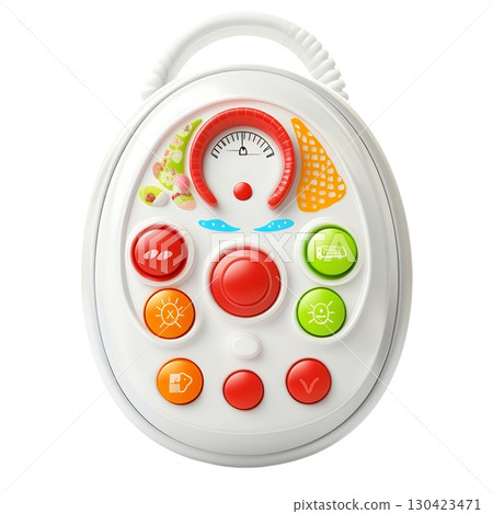 A white baby toy with colorful buttons and a handle shaped like an oval A white baby toy with colorful buttons and a handle shaped like an oval 130423471