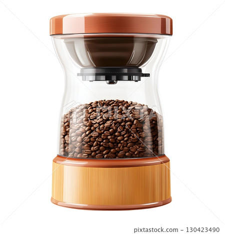 A glass coffee bean grinder with a wooden base and a copper-colored top 130423490