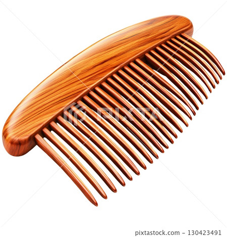 A wooden comb with a smooth, curved handle and evenly spaced teeth is shown against a white background 130423491