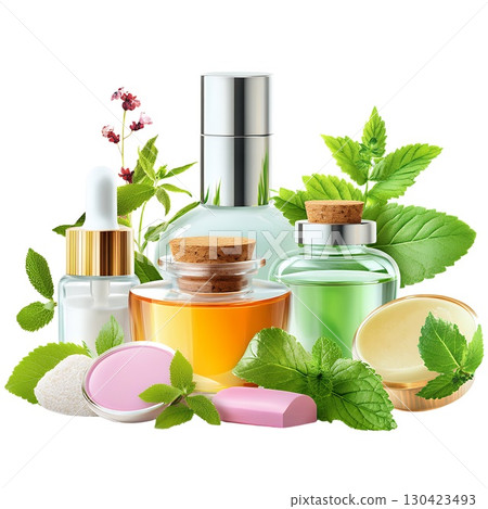 Assortment of cosmetic products and fresh herbs arranged on white background 130423493