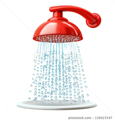 A vibrant red shower head pours refreshing water, creating a cascade of sparkling droplets against a white background 130423547