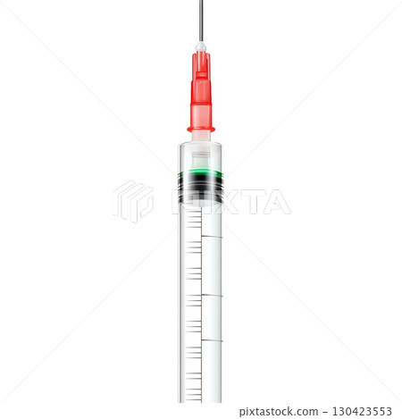 A sterile, clear medical syringe with a red plunger and needle is shown against a white background, ready for use A sterile, clear medical syringe with a red plunger and needle is shown against a white background, ready for use 130423553