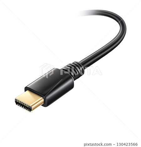 Close-up of a sleek black USB-C cable with a gold-plated connector, isolated on a white background 130423566