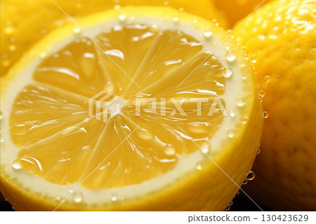 Vibrant Close-Up of Juicy Lemon Slices Glistening with Refreshing Water Droplets Vibrant Close-Up of Juicy Lemon Slices Glistening with Refreshing Water Droplets 130423629