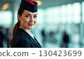 Elegant flight attendant posing at airport terminal with luggage, uniform perfectly styled. Ample text space for airline advertisements or training materials 130423699