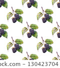 Watercolor repeating pattern of blackberry twigs with lush berries and green leaves. Versatile design for organic labels and botanical content 130423704