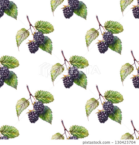 Watercolor repeating pattern of blackberry twigs with lush berries and green leaves. Versatile design for organic labels and botanical content 130423704