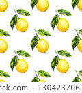 Lemon on branch seamless watercolor pattern with leaves and organic texture. White background design for fresh branding and packaging projects 130423706