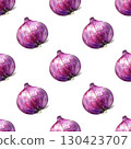 Watercolor repeating pattern of purple onions with rustic roots and vibrant hues. Versatile design for farm labels and food content 130423707