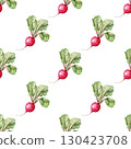 Radish seamless watercolor pattern with crisp roots and leafy greens. White background design for farm branding and packaging projects 130423708