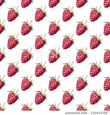 Seamless pattern with watercolor raspberries and garden elements on clean white background. Ideal for natural branding and packaging 130423709