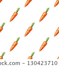 Watercolor repeating pattern of fresh carrots with green stems and rustic details. Versatile design for farm product labels and healthy content 130423710