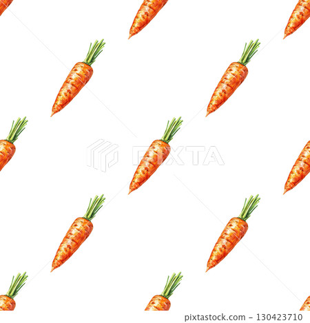 Watercolor repeating pattern of fresh carrots with green stems and rustic details. Versatile design for farm product labels and healthy content 130423710