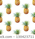 Watercolor repeating pattern of pineapples with golden hues and organic details. Versatile design for tropical labels and summer content 130423711