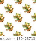 Seamless pattern with watercolor oak leaves and autumn elements on clean white background. Ideal for seasonal branding and packaging 130423713