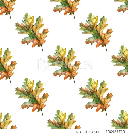 Seamless pattern with watercolor oak leaves and autumn elements on clean white background. Ideal for seasonal branding and packaging 130423713